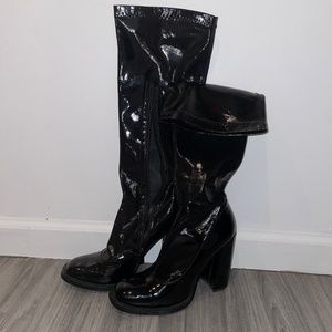 Black Knee High Block Heel Sock Boot PrettyLittleThing
